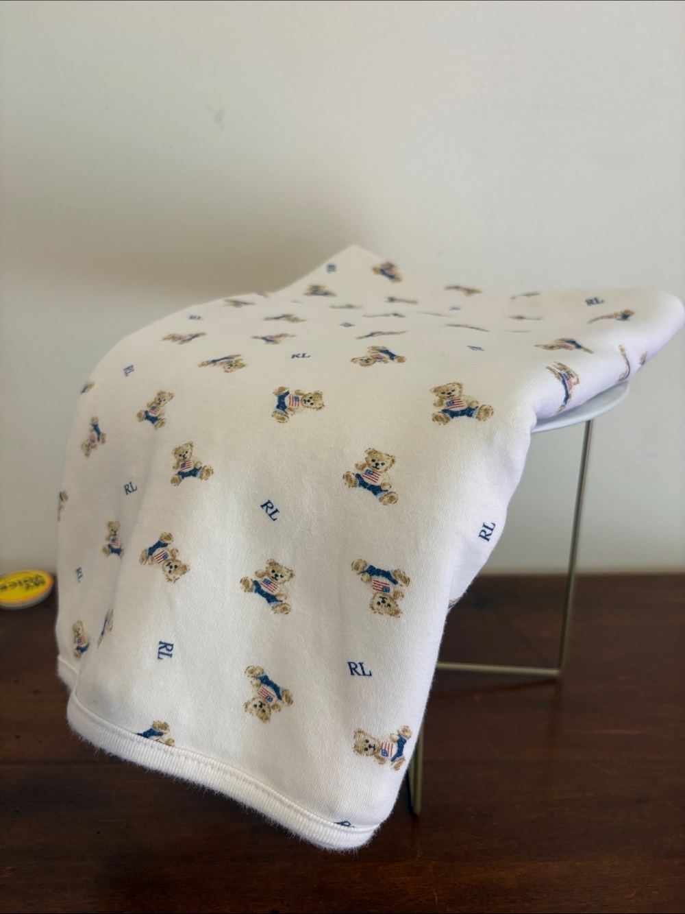 Ralph Lauren White Baby Blanket with Blue Teddy Bear Motif